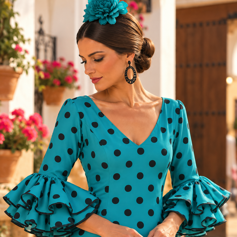 Traje Flamenca Aguamarina Lunar Negro